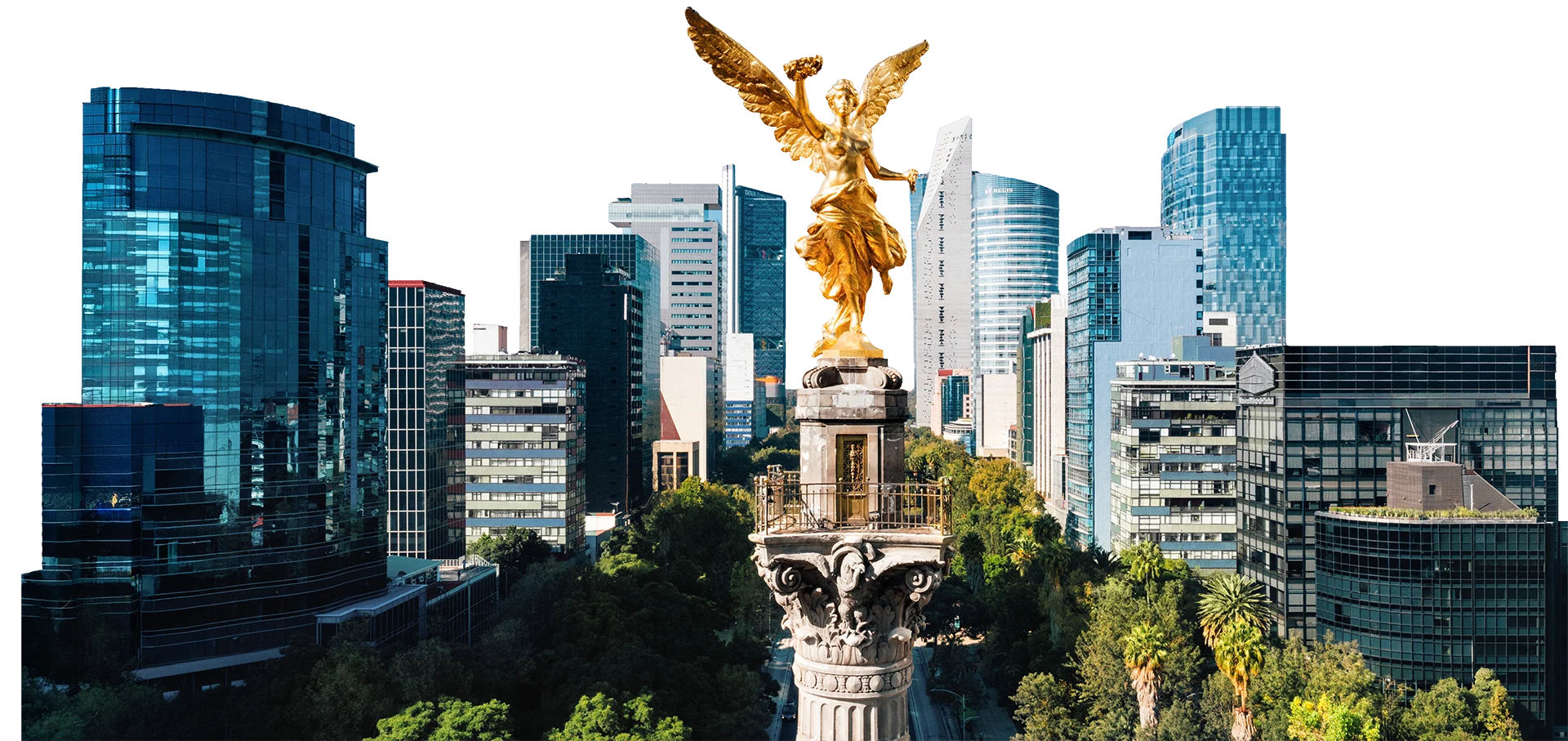 Monumento a la Independencia junto con edificios de la Ciudad de México.